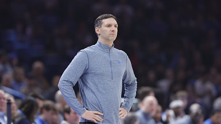 Jan 5, 2026; Oklahoma City, Oklahoma, USA; Oklahoma City Thunder head coach Mark Daigneault watches his team play against the Charlotte Hornets during the second quarter at Paycom Center. Mandatory Credit: Alonzo Adams-Imagn Images
