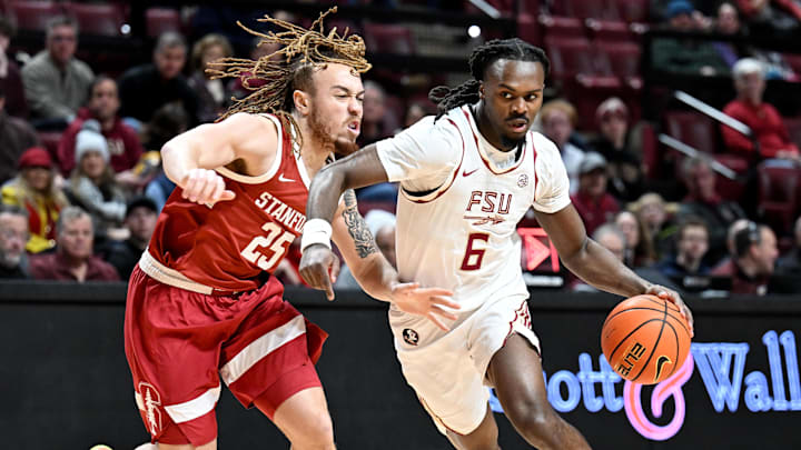 Jan 31, 2026; Tallahassee, Florida, USA; Florida State Seminoles guard Robert McCray (6) drives to the net past Stanford Cardinal guard Jeremy Dent-Smith (25) during the first half at Donald L. Tucker Center. Mandatory Credit: Melina Myers-Imagn Images Jan 31, 2026; Tallahassee, Florida, USA; Florida State Seminoles guard Robert McCray (6) drives to the net past Stanford Cardinal guard Jeremy Dent-Smith (25) during the first half at Donald L. Tucker Center. Mandatory Credit: Melina Myers-Imagn Images