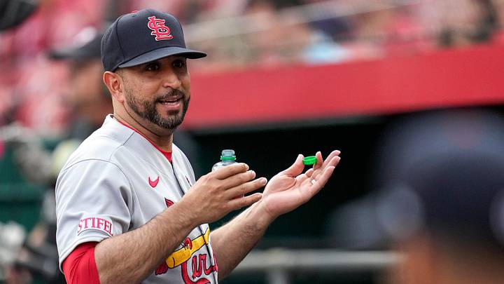 St. Louis Cardinals manager Oliver Marmol (37) smiles in the dugout before the first inning of the MLB National League game between the Cincinnati Reds and the St. Louis Cardinals at Great American Ball Park in downtown Cincinnati on Tuesday, May 23, 2023. The Cardinals led 7-4 in the sixth inning. St. Louis Cardinals manager Oliver Marmol (37) smiles in the dugout before the first inning of the MLB National League game between the Cincinnati Reds and the St. Louis Cardinals at Great American Ball Park in downtown Cincinnati on Tuesday, May 23, 2023. The Cardinals led 7-4 in the sixth inning.