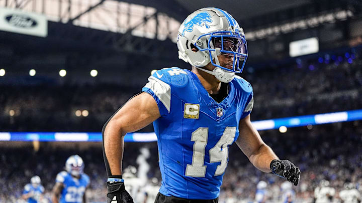 Detroit Lions wide receiver Amon-Ra St. Brown (14) celebrates a touchdown against Jacksonville Jaguars during the second half at Ford Field in Detroit on Sunday, Nov. 17, 2024.