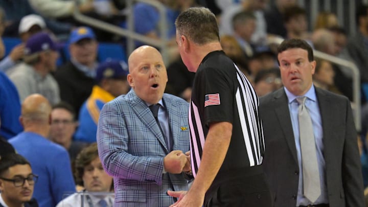 Jan 24, 2026; Los Angeles, California, USA;  UCLA Bruins head coach Mick Cronin reacts after not getting a foul call in the first half against the Northwestern Wildcats at Pauley Pavilion presented by Wescom Financial. Mandatory Credit: Jayne Kamin-Oncea-Imagn Images