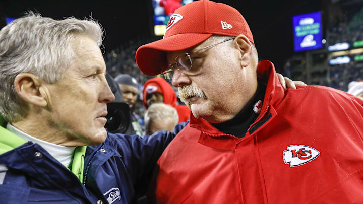 Dec 23, 2018; Seattle, WA, USA; Seattle Seahawks head coach Pete Carroll greets Kansas City Chiefs head coach Andy Reid following a 38-31 Seattle victory at CenturyLink Field. Mandatory Credit: Joe Nicholson-Imagn Images