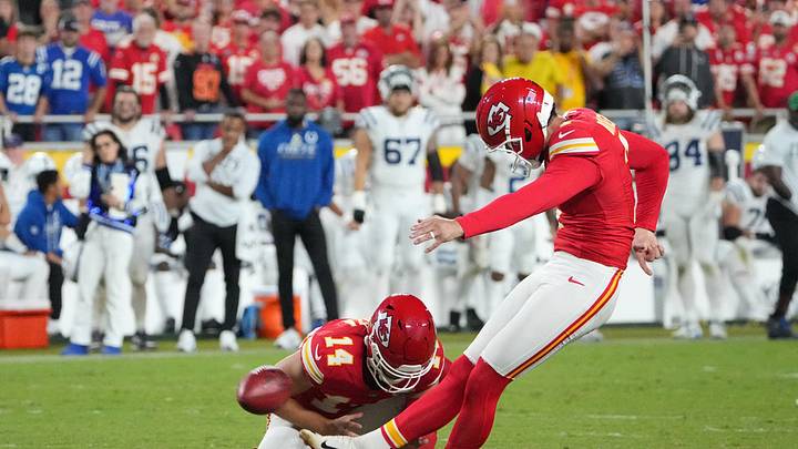 Sep 20, 2026; Kansas City, Missouri, USA;  Kansas City Chiefs kicker Harrison Butker (7) kicks a field goal against the Indianapolis Colts during overtime at GEHA Field at Arrowhead Stadium.  Mandatory Credit: Denny Medley-Imagn Images