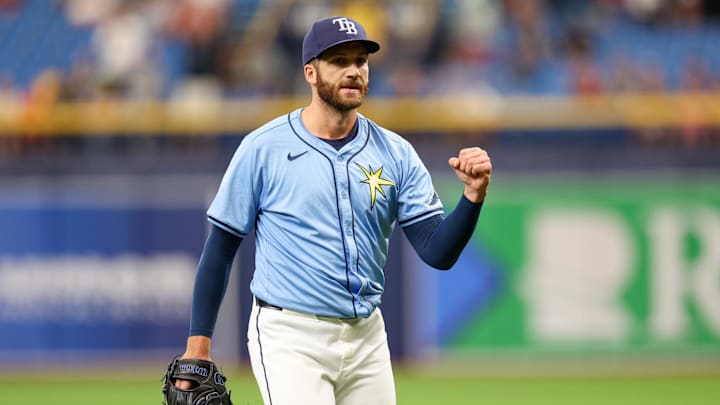 Apr 18, 2024; St. Petersburg, Florida, USA;  Tampa Bay Rays pitcher Colin Poche (38) celebrates after beating the Los Angeles Angels at Tropicana Field. Mandatory Credit: Nathan Ray Seebeck-Imagn Images