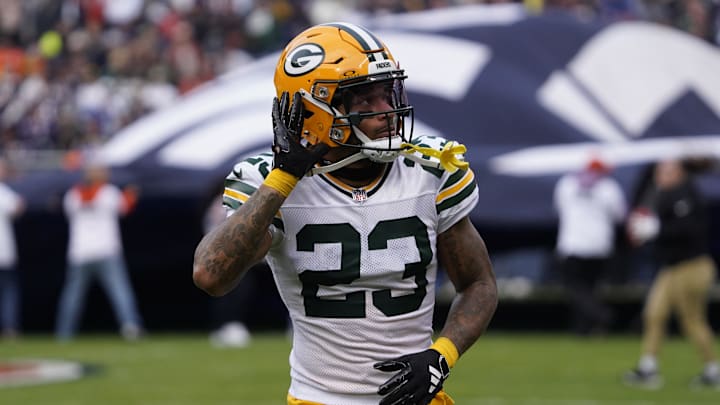 Nov 17, 2024; Chicago, Illinois, USA; Green Bay Packers cornerback Jaire Alexander (23) gestures to the fans before the game against the Chicago Bears at Soldier Field. Mandatory Credit: David Banks-Imagn Images