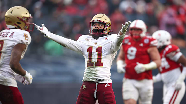 Dec 28, 2024; Bronx, NY, USA; Boston College Eagles wide receiver Lewis Bond (11) reacts after a reception during the first half against the Nebraska Cornhuskers at Yankee Stadium. Mandatory Credit: Vincent Carchietta-Imagn Images
