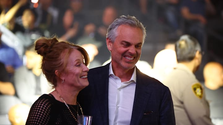Apr 13, 2024; Las Vegas, Nevada, USA; Fox Sports sports analysis Colin Cowherd with wife Ann Cowherd in attendance during UFC 300 at T-Mobile Arena. Mandatory Credit: Mark J. Rebilas-Imagn Images