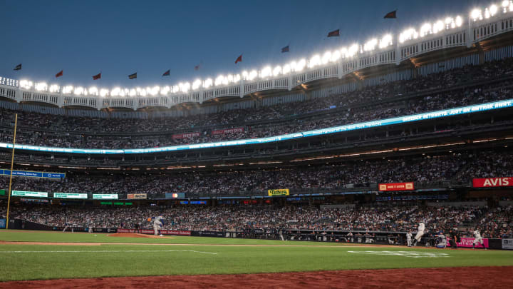 Jun 8, 2024; Bronx, New York, USA; Los Angeles Dodgers starting pitcher Gavin Stone (35) throws to New York Yankees center fielder Aaron Judge (99) at Yankee Stadium. Mandatory Credit: Vincent Carchietta-USA TODAY Sports