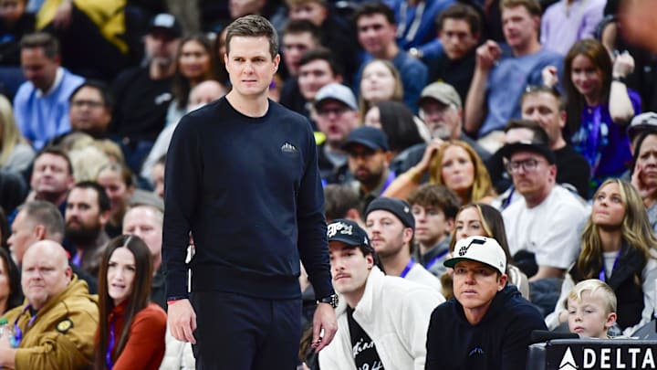 Nov 23, 2024; Salt Lake City, Utah, USA; Utah Jazz head coach Will Hardy and Ryan Smith (white Jazz hat at right) on the court against the New York Knicks during the second half at the Delta Center. Mandatory Credit: Christopher Creveling-Imagn Images