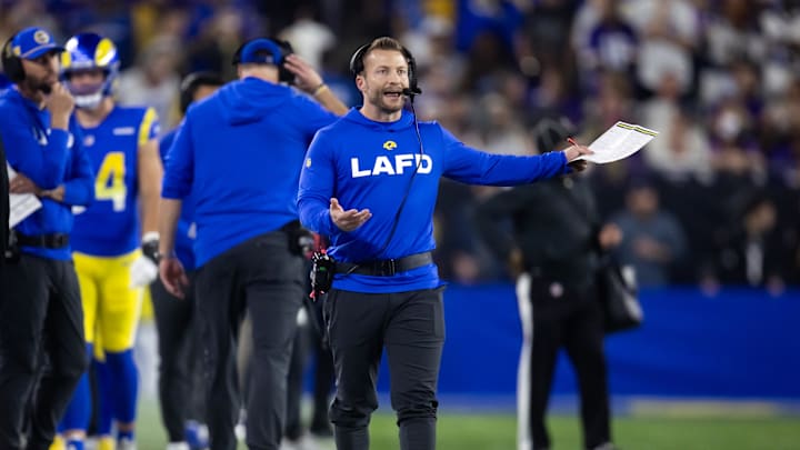 Jan 13, 2025; Glendale, AZ, USA; Los Angeles Rams head coach Sean McVay reacts against the Minnesota Vikings during an NFC wild card game at State Farm Stadium. Mandatory Credit: Mark J. Rebilas-Imagn Images Jan 13, 2025; Glendale, AZ, USA; Los Angeles Rams head coach Sean McVay reacts against the Minnesota Vikings during an NFC wild card game at State Farm Stadium. Mandatory Credit: Mark J. Rebilas-Imagn Images