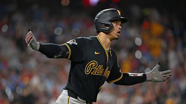 Jun 29, 2026; Philadelphia, Pennsylvania, USA; Pittsburgh Pirates catcher Endy Rodríguez (13) watches his three run home run against the Philadelphia Phillies during the ninth inning at Citizens Bank Park. Mandatory Credit: Eric Hartline-Imagn Images