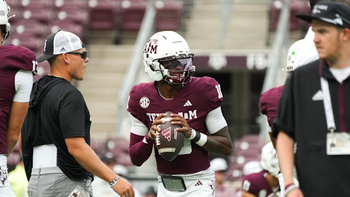 Sep 6, 2025; College Station, Texas, USA; Texas A&M Aggies quarterback Marcel Reed (10) warms up during pregame against the Utah State Aggies at Kyle Field. Mandatory Credit: Sean Thomas-Imagn Images