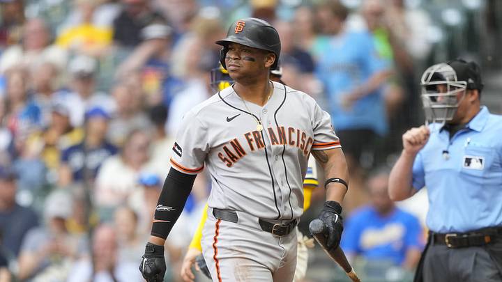 Jun 3, 2026; Milwaukee, Wisconsin, USA; San Francisco Giants first baseman Rafael Devers (16) looks around after striking out during the first inning against the Milwaukee Brewers at American Family Field. Mandatory Credit: Jeff Hanisch-Imagn Images Jun 3, 2026; Milwaukee, Wisconsin, USA; San Francisco Giants first baseman Rafael Devers (16) looks around after striking out during the first inning against the Milwaukee Brewers at American Family Field. Mandatory Credit: Jeff Hanisch-Imagn Images