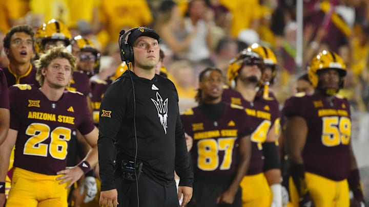 Arizona State head coach Kenny Dillingham looks up at the scoreboard during a game against NAU at Mountain America Stadium in Tempe on Aug. 30, 2025. Arizona State head coach Kenny Dillingham looks up at the scoreboard during a game against NAU at Mountain America Stadium in Tempe on Aug. 30, 2025.