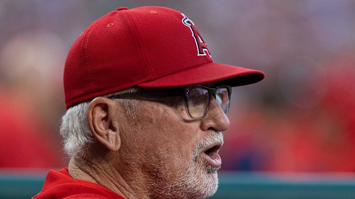 Jun 4, 2022; Philadelphia, Pennsylvania, USA; Los Angeles Angels manager Joe Maddon looks on during the second inning against the Philadelphia Phillies at Citizens Bank Park. Mandatory Credit: Bill Streicher-Imagn Images