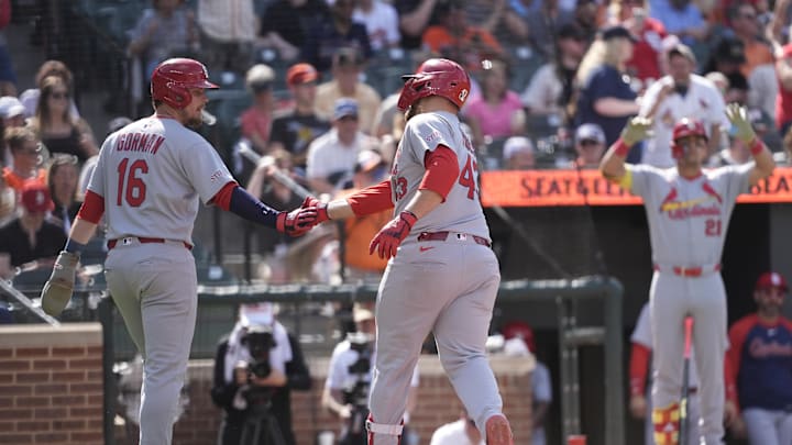 May 26, 2025; Baltimore, Maryland, USA; St. Louis Cardinals third baseman Nolan Gorman (16) congratulates St. Louis Cardinals catcher Pedro Pages (43) for hitting a two run home run against the Baltimore Orioles during the fifth inning at Oriole Park at Camden Yards. Mandatory Credit: Gregory Fisher-Imagn Images