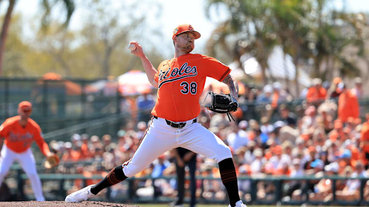 Feb 28, 2026; Sarasota, Florida, USA;  Baltimore Orioles starting pitcher Kyle Bradish (38) throws a pitch during the first inning against the Atlanta Braves at Ed Smith Stadium. Mandatory Credit: Kim Klement Neitzel-Imagn Images