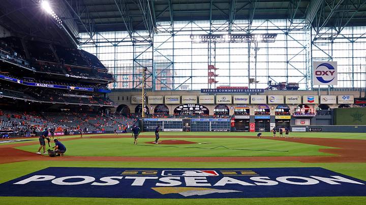 Oct 11, 2022; Houston, Texas, USA; A general view of the 2022 postseason logo as the grounds crew prepares the field before game one of the ALDS for the 2022 MLB Playoffs between the Houston Astros and the Seattle Mariners at Minute Maid Park. Mandatory Credit: Troy Taormina-USA TODAY Sports