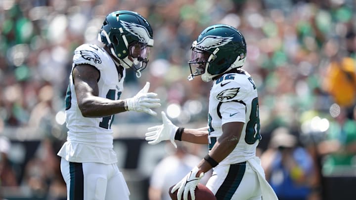 Aug 16, 2025; Philadelphia, Pennsylvania, USA; Philadelphia Eagles wide receiver Ainias Smith (82) reacts after scoring a touchdown against the Cleveland Browns in the first half at Lincoln Financial Field. Mandatory Credit: Kyle Ross-Imagn Images
