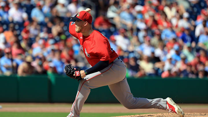 Mar 5, 2026; Clearwater, Florida, USA; Boston Red Sox pitcher Ryan Watson (56) throws a pitch during the third inning against the Philadelphia Phillies at BayCare Ballpark. Mandatory Credit: Kim Klement Neitzel-Imagn Images Mar 5, 2026; Clearwater, Florida, USA; Boston Red Sox pitcher Ryan Watson (56) throws a pitch during the third inning against the Philadelphia Phillies at BayCare Ballpark. Mandatory Credit: Kim Klement Neitzel-Imagn Images