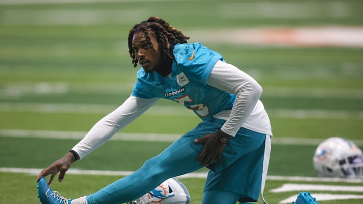 Jun 6, 2023; Miami Gardens, FL, USA; Miami Dolphins cornerback Jalen Ramsey (5) stretches during