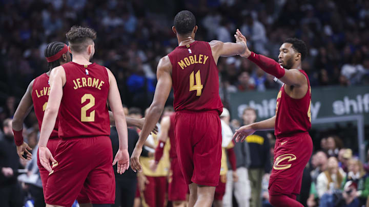 Jan 3, 2025; Dallas, Texas, USA; Cleveland Cavaliers forward Evan Mobley (4) celebrates with Cleveland Cavaliers guard Donovan Mitchell (45) during the first half against the Dallas Mavericks at American Airlines Center. Mandatory Credit: Kevin Jairaj-Imagn Images Jan 3, 2025; Dallas, Texas, USA; Cleveland Cavaliers forward Evan Mobley (4) celebrates with Cleveland Cavaliers guard Donovan Mitchell (45) during the first half against the Dallas Mavericks at American Airlines Center. Mandatory Credit: Kevin Jairaj-Imagn Images