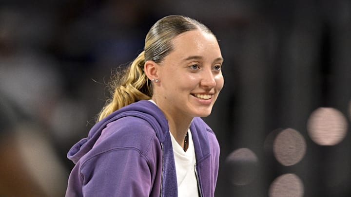 Oct 6, 2025; Fort Worth, Texas, USA; Dallas Wings guard Paige Bueckers looks on during the second quarter between the Dallas Mavericks and the Oklahoma City Thunder at Dickie's Arena. Mandatory Credit: Jerome Miron-Imagn Images