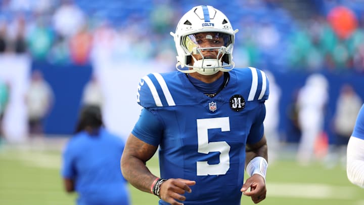 Sep 7, 2025; Indianapolis, Indiana, USA; Indianapolis Colts quarterback Anthony Richardson Sr. (5) warms up before a game against the Miami Dolphins at Lucas Oil Stadium. 
