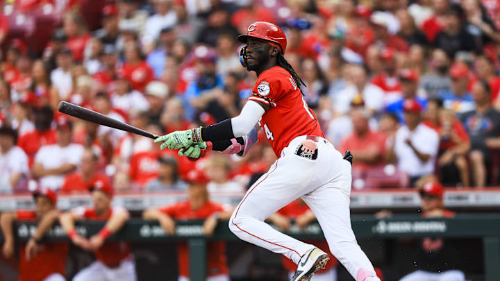 Jul 9, 2025; Cincinnati, Ohio, USA; Cincinnati Reds shortstop Elly De La Cruz (44) runs to second after hitting a RBI double in the first inning against the Miami Marlins at Great American Ball Park. Mandatory Credit: Katie Stratman-Imagn Images