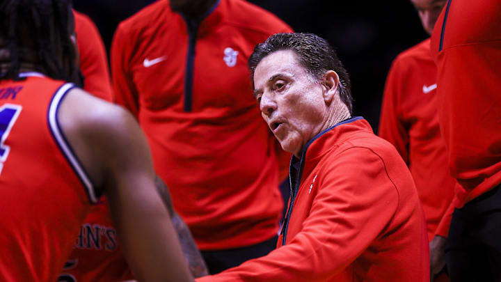 Jan 7, 2025; Cincinnati, Ohio, USA; St. John's Red Storm head coach Rick Pitino talks to his team during a timeout in the first half against the Xavier Musketeers at Cintas Center. Mandatory Credit: Katie Stratman-Imagn Images