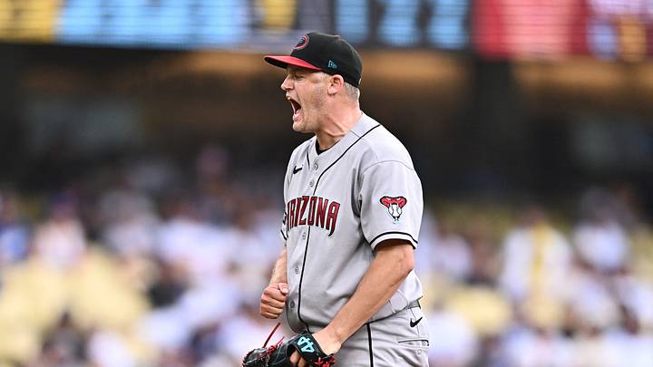 Jul 12, 2026; Los Angeles, California, USA; Arizona Diamondbacks pitcher Paul Sewald (38) reacts after striking out Los Angeles Dodgers left fielder Teoscar Hernández (not pictured) during the ninth inning at Dodger Stadium. Mandatory Credit: William Liang-Imagn Images Jul 12, 2026; Los Angeles, California, USA; Arizona Diamondbacks pitcher Paul Sewald (38) reacts after striking out Los Angeles Dodgers left fielder Teoscar Hernández (not pictured) during the ninth inning at Dodger Stadium. Mandatory Credit: William Liang-Imagn Images