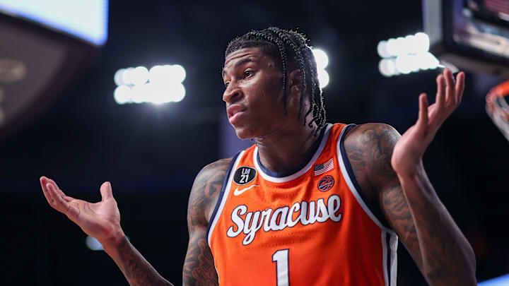 Jan 6, 2026; Atlanta, Georgia, USA; Syracuse Orange forward Donnie Freeman (1) reacts after a call against the Georgia Tech Yellow Jackets in the second half at McCamish Pavilion. Mandatory Credit: Brett Davis-Imagn Images
Jan 6, 2026; Atlanta, Georgia, USA; Syracuse Orange forward Donnie Freeman (1) reacts after a call against the Georgia Tech Yellow Jackets in the second half at McCamish Pavilion. Mandatory Credit: Brett Davis-Imagn Images