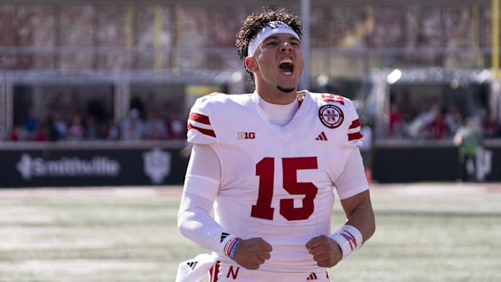 Oct 19, 2024; Bloomington, Indiana, USA; Nebraska Cornhuskers quarterback Dylan Raiola (15) performs his pregame celebration before a game against the Indiana Hoosiers at Memorial Stadium.