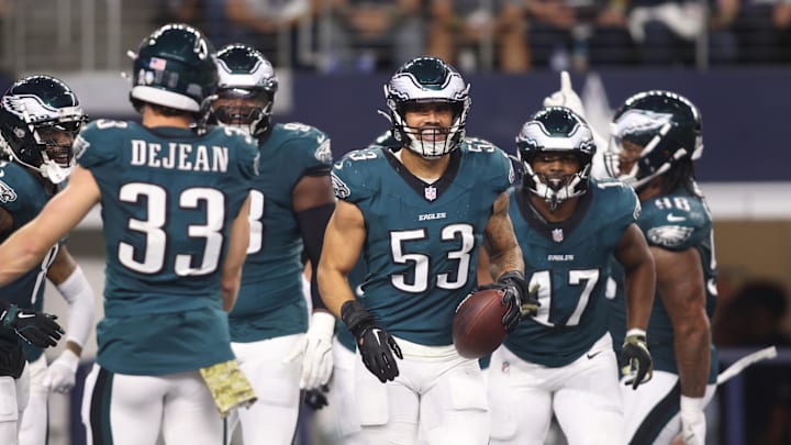 Nov 10, 2024; Arlington, Texas, USA; Philadelphia Eagles linebacker Zack Baun (53) reacts after recovering a fumble against the Dallas Cowboys in the third quarter at AT&T Stadium. Mandatory Credit: Tim Heitman-Imagn Images Nov 10, 2024; Arlington, Texas, USA; Philadelphia Eagles linebacker Zack Baun (53) reacts after recovering a fumble against the Dallas Cowboys in the third quarter at AT&T Stadium. Mandatory Credit: Tim Heitman-Imagn Images