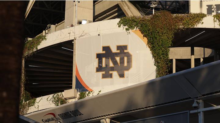 Jan 9, 2025; Miami, FL, USA; General view of the Notre Dame Fighting Irish logo before the game between the Notre Dame Fighting Irish and the Penn State Nittany Lions in the Orange Bowl at Hard Rock Stadium. Mandatory Credit: Nathan Ray Seebeck-Imagn Images