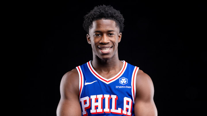 Sep 26, 2025; Camden, NJ, USA; Philadelphia 76ers VJ Edgecombe (77) poses for a photo during media day. Mandatory Credit: Bill Streicher-Imagn Images