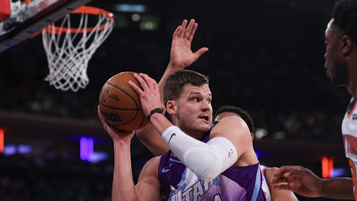 Jan 1, 2025; New York, New York, USA; Utah Jazz center Walker Kessler (24) secures the ball after a rebound during the first half against the New York Knicks at Madison Square Garden. Mandatory Credit: Vincent Carchietta-Imagn Images Jan 1, 2025; New York, New York, USA; Utah Jazz center Walker Kessler (24) secures the ball after a rebound during the first half against the New York Knicks at Madison Square Garden. Mandatory Credit: Vincent Carchietta-Imagn Images