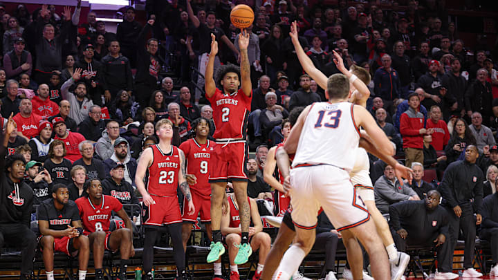 Feb 5, 2025; Piscataway, New Jersey, USA; Rutgers Scarlet Knights guard Dylan Harper (2) makes a three point basket during the second half against the Illinois Fighting Illini at Jersey Mike's Arena. Mandatory Credit: Vincent Carchietta-Imagn Images Feb 5, 2025; Piscataway, New Jersey, USA; Rutgers Scarlet Knights guard Dylan Harper (2) makes a three point basket during the second half against the Illinois Fighting Illini at Jersey Mike's Arena. Mandatory Credit: Vincent Carchietta-Imagn Images