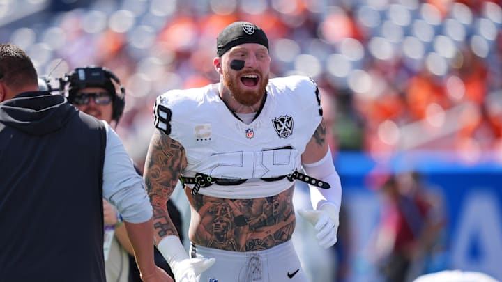 Oct 6, 2024; Denver, Colorado, USA; Las Vegas Raiders defensive end Maxx Crosby (98) before the game against the Denver Broncos at Empower Field at Mile High. Mandatory Credit: Ron Chenoy-Imagn Images