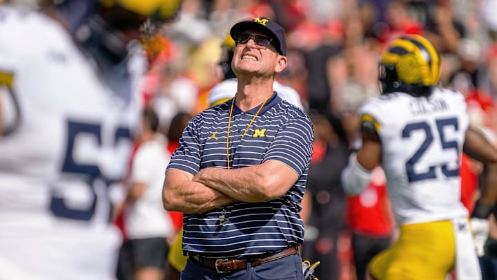 Sep 30, 2023; Lincoln, Nebraska, USA; Michigan Wolverines head coach Jim Harbaugh looks on before