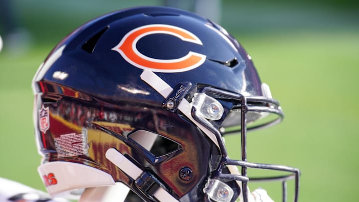 Sep 24, 2023; Kansas City, Missouri, USA; A general view of a Chicago Bears helmet against the Kansas City Chiefs during the game at GEHA Field at Arrowhead Stadium. Mandatory Credit: Denny Medley-Imagn Images
