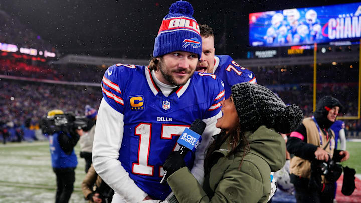 Buffalo Bills quarterback Josh Allen (17) during a post-game interview after the game against the Baltimore Ravens in a 2025 AFC divisional round game at Highmark Stadium. Buffalo Bills quarterback Josh Allen (17) during a post-game interview after the game against the Baltimore Ravens in a 2025 AFC divisional round game at Highmark Stadium.