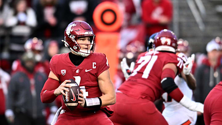 Nov 29, 2025; Pullman, Washington, USA; Washington State Cougars quarterback Zevi Eckhaus (4) throws a pass against the Oregon State Beavers at Gesa Field at Martin Stadium. Mandatory Credit: James Snook-Imagn Images