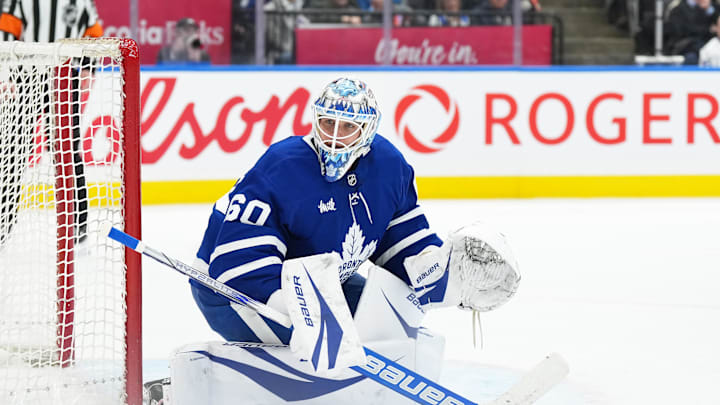 Jan 20, 2025; Toronto, Ontario, CAN; Toronto Maple Leafs goaltender Joseph Woll (60) follows the play against the Tampa Bay Lightning during the second period at Scotiabank Arena. Mandatory Credit: Nick Turchiaro-Imagn Images