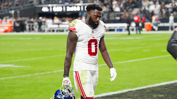 Nov 5, 2023; Paradise, Nevada, USA; New York Giants wide receiver Parris Campbell (0) walks off the