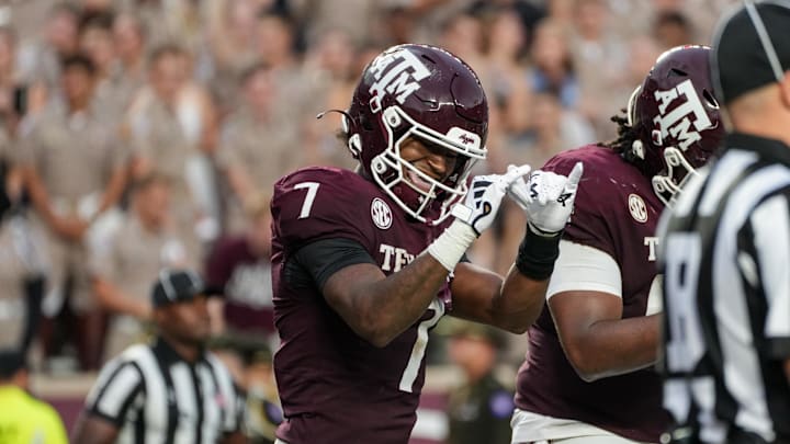 Aug 30, 2025; College Station, Texas, Texas A&M Aggies wide receiver KC Concepcion (7) celebrates after a touchdown in the second quarter against the UTSA Roadrunners USA; at Kyle Field. Mandatory Credit: Sean Thomas-Imagn Images Aug 30, 2025; College Station, Texas, Texas A&M Aggies wide receiver KC Concepcion (7) celebrates after a touchdown in the second quarter against the UTSA Roadrunners USA; at Kyle Field. Mandatory Credit: Sean Thomas-Imagn Images