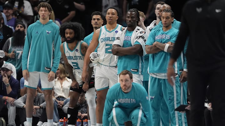 Charlotte Hornets bench reacts during the second half during the play-in rounds 