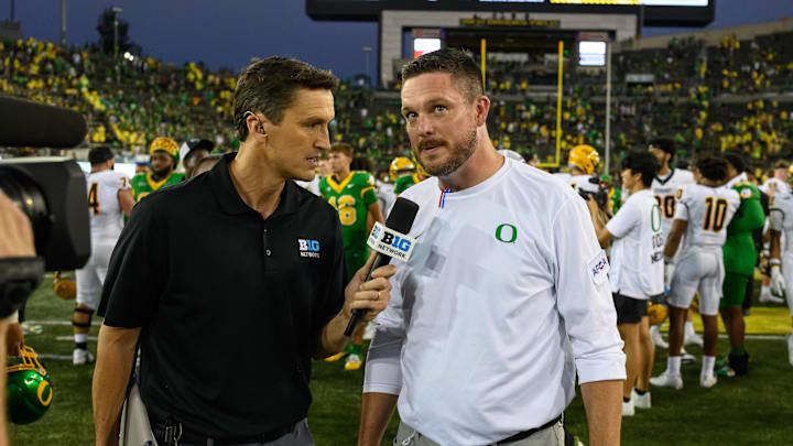 Aug 31, 2024; Eugene, Oregon, USA; Oregon Ducks head coach Dan Lanning in post game interview after the game against the Idaho Vandals at Autzen Stadium. Mandatory Credit: Craig Strobeck-Imagn Images