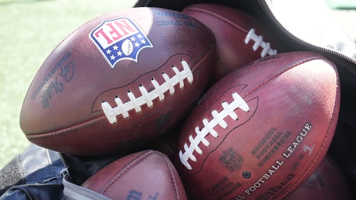 Oct 29, 2023; Charlotte, North Carolina, USA; A bag of footballs at Bank of America Stadium. Mandatory Credit: Bob Donnan-Imagn Images