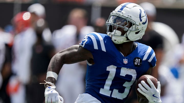 Indianapolis Colts wide receiver Laquon Treadwell (13) makes a catch and runs in for a touchdown Saturday, Aug. 23, 2025, during a game against the Cincinnati Bengals at Paycor Stadium in Cincinnati.